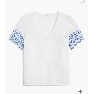NWT J Crew V-neck top with embroidered sleeves Size XS Blue/White Retail $79.50